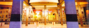 Illuminated glass panels in Arena Nightclub entrance