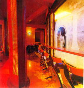 Interior of Arena Nightclub showing sandblasted and carved glass windows